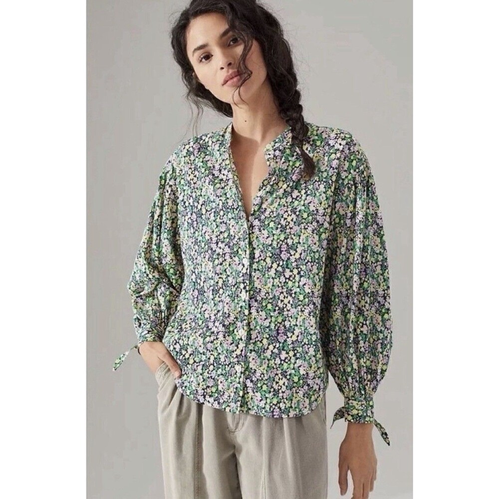 Anthropologie Maeve Ashleigh Button Down Green Puff Sleeve Floral Blouse Size PS